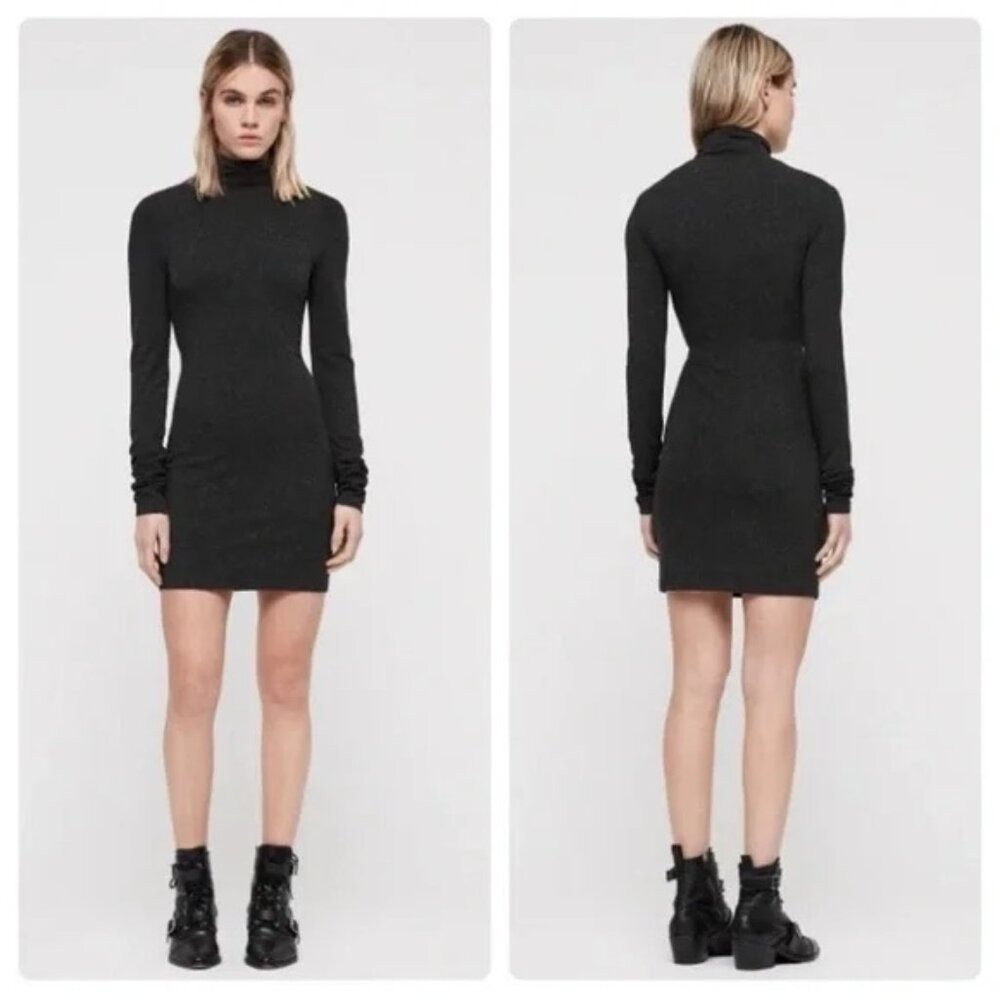 All Saints Esme Shimmer Turtleneck Dress – Gray – Size Medium